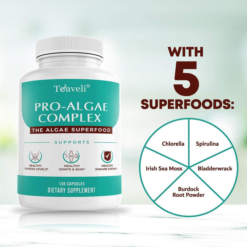 Premium Algae Superfood and Chlorophyll Capsules with Organic Irish Sea Moss, Bladder Wrack, Burdock Root, Spirulina Chlorella- Supports Healthy Thyroid Function, Joints, Immune System and Gut Health