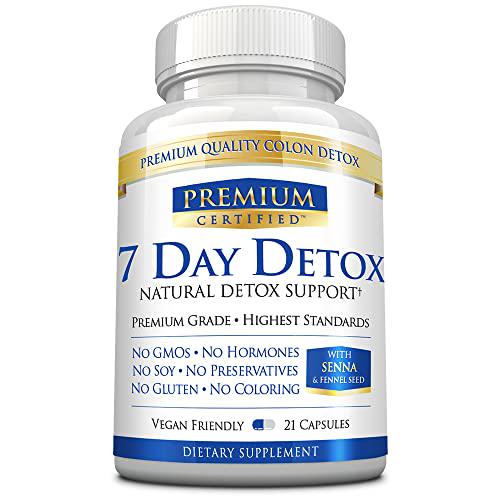 Premium Certified 7 Day Detox - Cleanse The Digestive System Naturally, Flush Toxins - Fennel Seed 600mg, Ginger Root 300mg, Cascara Sagrada 300mg - 21 Capsules - Vegan Friendly