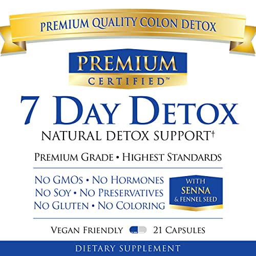 Premium Certified 7 Day Detox - Cleanse The Digestive System Naturally, Flush Toxins - Fennel Seed 600mg, Ginger Root 300mg, Cascara Sagrada 300mg - 21 Capsules - Vegan Friendly