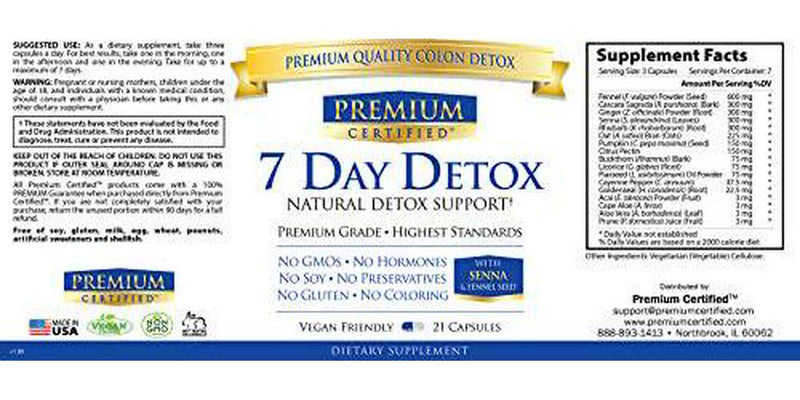 Premium Certified 7 Day Detox - Cleanse The Digestive System Naturally, Flush Toxins - Fennel Seed 600mg, Ginger Root 300mg, Cascara Sagrada 300mg - 21 Capsules - Vegan Friendly