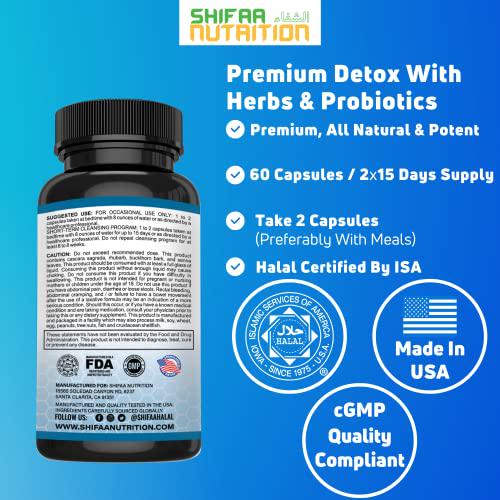 Premium Colon Cleanse and Herbal Detox Pills | 2x15 Days Supply | with Probiotics, Fennel Seed, Cascara Sagrada and Ginger Root | SHIFAA NUTRITION | Halal Vitamins