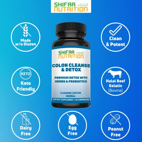 Premium Colon Cleanse and Herbal Detox Pills | 2x15 Days Supply | with Probiotics, Fennel Seed, Cascara Sagrada and Ginger Root | SHIFAA NUTRITION | Halal Vitamins