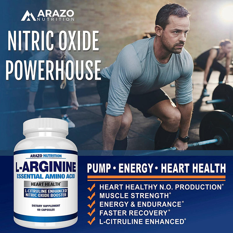 Premium L Arginine - 1340mg Nitric Oxide Booster with L-Citrulline and Essential Amino Acids for Heart and Muscle Gain - Nitric Oxide Boost Supplement for Endurance and Energy - 60 Capsules