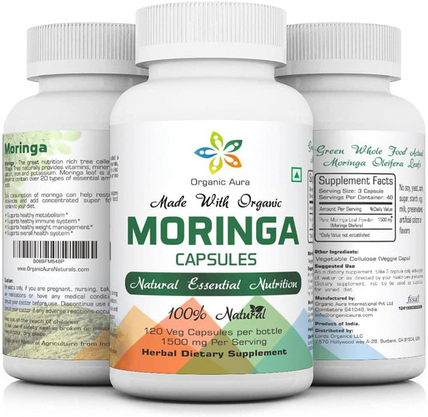 Premium Moringa Capsule. 1500mg/Serving. 120 Veg Capsules. IMMUNO Modulator - Abundant Vitamin C, Zinc, Iron and Phytonutrients. Raw Green Whole Superfood.