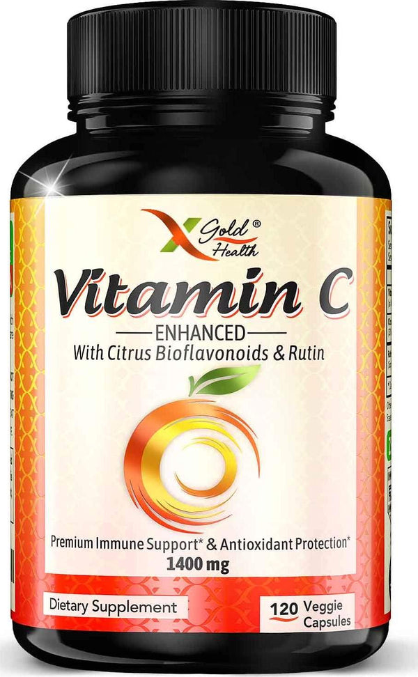 Premium Vitamin C 1400mg Enhanced with Citrus Bioflavonoids and Rutin, 120 Capsules Vegan, Antioxidant Supplement for Immune Health, Cell Protection and Collagen Production, Non-GMO Vitamin C Pills