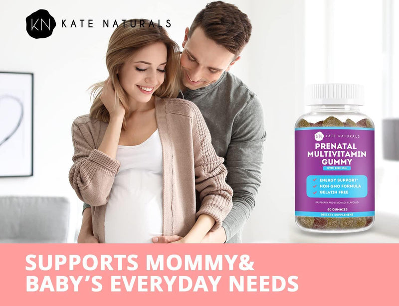 Prenatal Multivitamin Gummies (60 Count) by Kate Naturals. Delicious Raspberry Lemonade Flavored. Filled with Essential Nutrients. Contains Fish Oil.