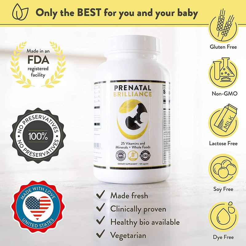 Prenatal Vitamins with Folate for Women, Non-GMO Whole Food Daily Pregnancy Multivitamins with Methyl Folate, B Complex, Biotin, D3 and Calcium - Vibrant Beginning Prenatal Brilliance - (120 ct)