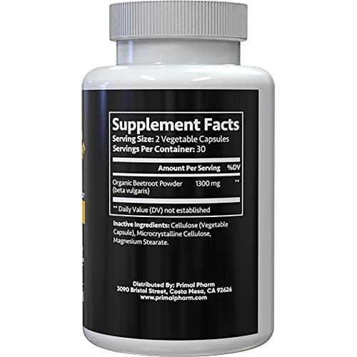 Primal Pharm Endurance | 1300mg Natural Nitric Oxide Boosting Beet Root Powder Supplement, All Natural, Vegan, Organic for Athletic Performance and Circulation - 60 Caps