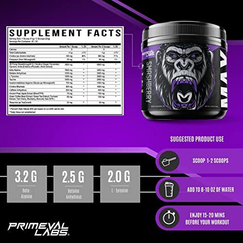 Primeval Labs ApeSh*t Max Premium Pre-Workout | Intense Energy, Focus, Pump and Performance | Beta Alanine, Choline Bitartrate | 400 mg Caffeine | 40 Servings (Smashberry)