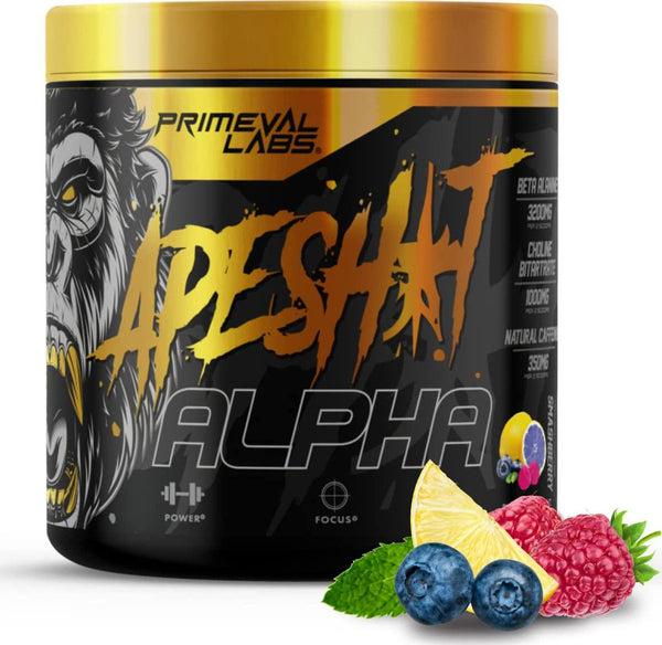 Primeval Labs Ape Alpha Natural Pre Workout Powder, Boost Energy, Increase Endurance and Focus, Beta-Alanine, 350mg Natural Caffeine Extract, Nitric Oxide Booster, Smashberry 40 Servings