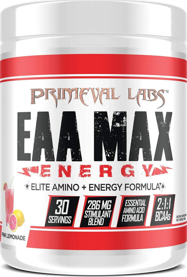 Primeval Labs EAA Max Energy, Muscle Energy and Nutrient Delivery, Enhances Muscle Protein Synthesis, Boosts Performance, Improves Focus, Supports Energy Production, Pink Lemonade, 30 Servings