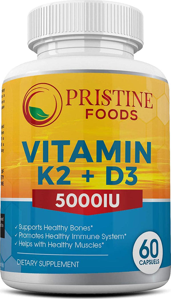 Pristine Foods Vitamin K2 (MK7) with D3 Ultra Premium 2 in 1 Support Complex with BioPerine (Black Pepper) | 60 Veggie Capsules | 5000 IU D3 Cholecalciferol, 100mcg K2 | Heart, Bone and Immune Health