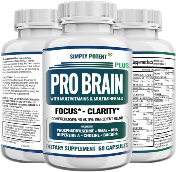 Pro Brain Supplement - Focus Clarity and Memory Booster, Nootropics Brain Support Supplement with 40 Ingredients Including Bacopa DHA DMAE Choline Phosphatidylserine and Huperzine A, 60 Caps