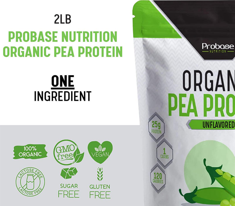 Probase Nutrition Organic Pea Protein Powder - Unflavored - Plant Based - Vegan - Unsweetened, No Added Sugar, Gluten and Soy Free, Paleo and Keto Friendly, 2 LBS