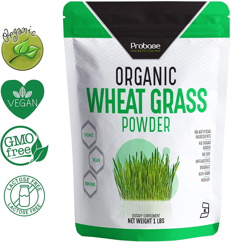 Probase Nutrition Organic Wheat Grass Powder - 1 Pound Rich in Immune Vitamins Fibers Fatty Acids and Minerals Support Immune System and Digestion Function Vegan Non GMO Premium Superfood Natural