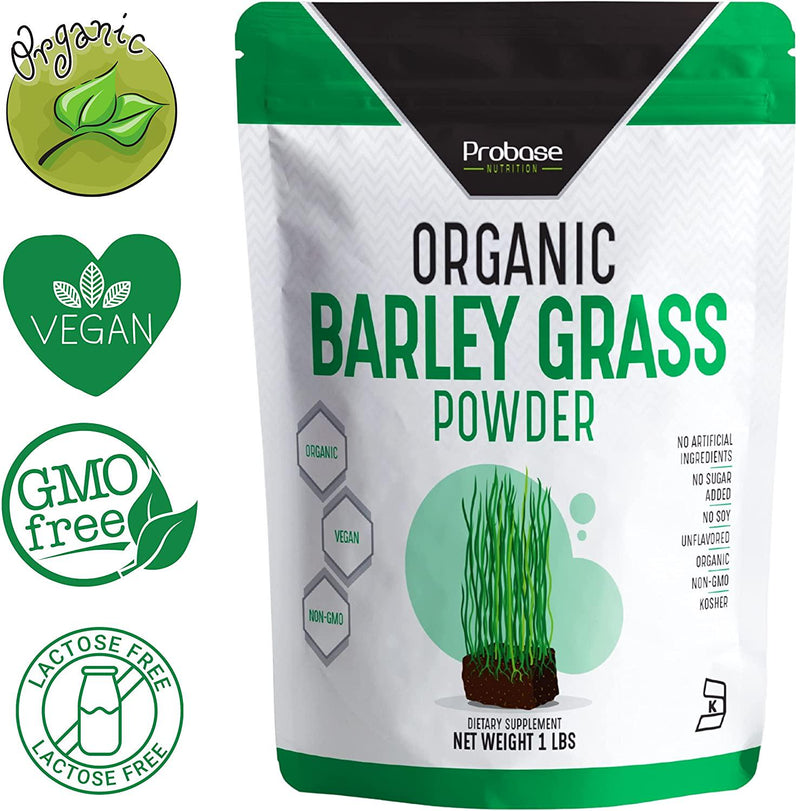 Probase Nutrition Organic Barley Grass Powder - 16 oz (1 Pound) Non GMO, Vegan. Premium Superfood. Supports a Healthy Immune System | Support Immune System and Digestion | Vegan Friendly