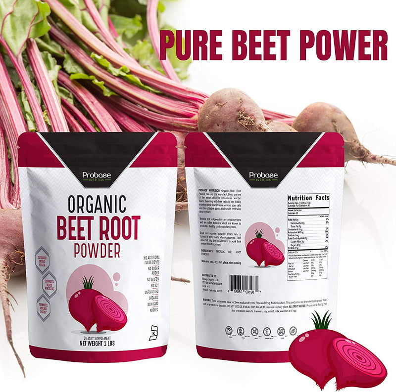 Probase Nutrition Organic Beet Root Powder, Nitric Oxide Boosting Supplement (Circulation Superfood), Uncolored, 16 Oz