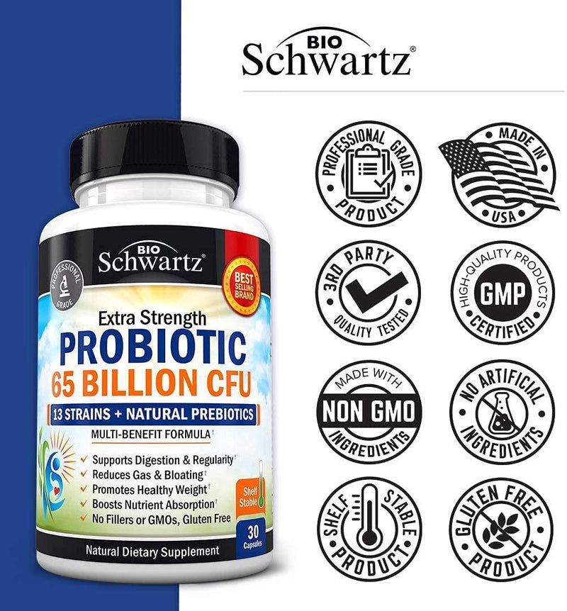 Probiotic 65 Billion CFU - Dr. Approved Probiotics for Women and Men - Guaranteed Potency Until Expiration - Patented Delay Release, Shelf Stable, Gluten and Dairy Free - Lactobacillus Acidophilus - 30ct