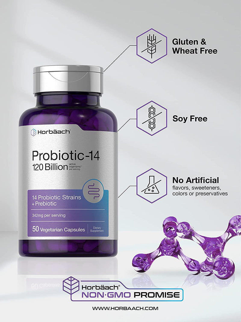 Probiotics 120 Billion CFUs | 50 Capsules | with Prebiotics for Women and Men | Vegetarian, Non-GMO and Gluten Free Supplement | by Horbaach