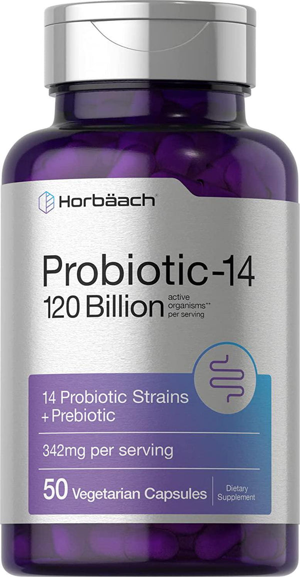 Probiotics 120 Billion CFUs | 50 Capsules | with Prebiotics for Women and Men | Vegetarian, Non-GMO and Gluten Free Supplement | by Horbaach