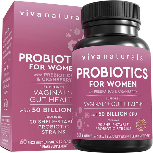 Probiotics for Women with 50 Billion CFU + 20 Strains, Complete Shelf-Stable Womens Probiotic Supplement with Prebiotic and Cranberry to Support Stomach, Digestive System and Vaginal Health, 60 Capsules