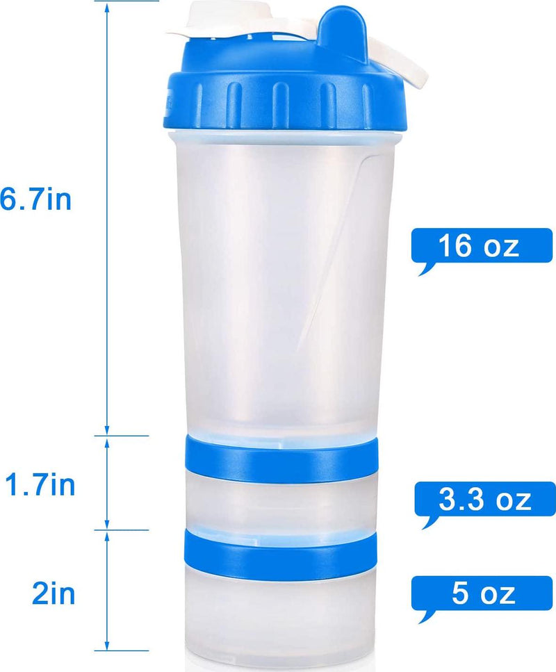 [Promotion] 16 OZ Workout Protein Shaker Bottle with Mixer Ball and 2 Interlocking Storage Jars for Pills, Snacks, Coffee, Tea. 100% BPA Free,Non Toxic and Leak Proof Sports Bottle (Blue + Grey)