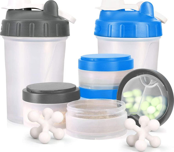 [Promotion] 16 OZ Workout Protein Shaker Bottle with Mixer Ball and 2 Interlocking Storage Jars for Pills, Snacks, Coffee, Tea. 100% BPA Free,Non Toxic and Leak Proof Sports Bottle (Blue + Grey)