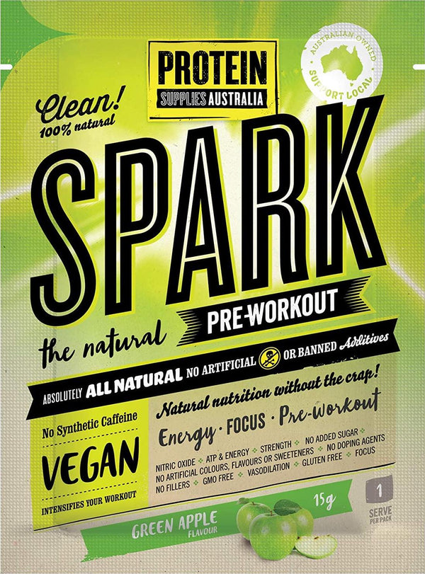 Protein Supplies Australia Spark All Natural Pre-workout Powder, Green Apple 16 Pack, Green Apple, 240 g