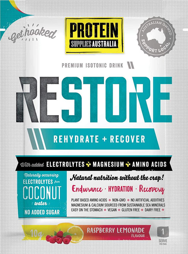 Protein Supplies Australia Restore Hydration Recovery Powder, Raspberry Lemonade 16 Pack, Raspberry Lemonade, 160 g