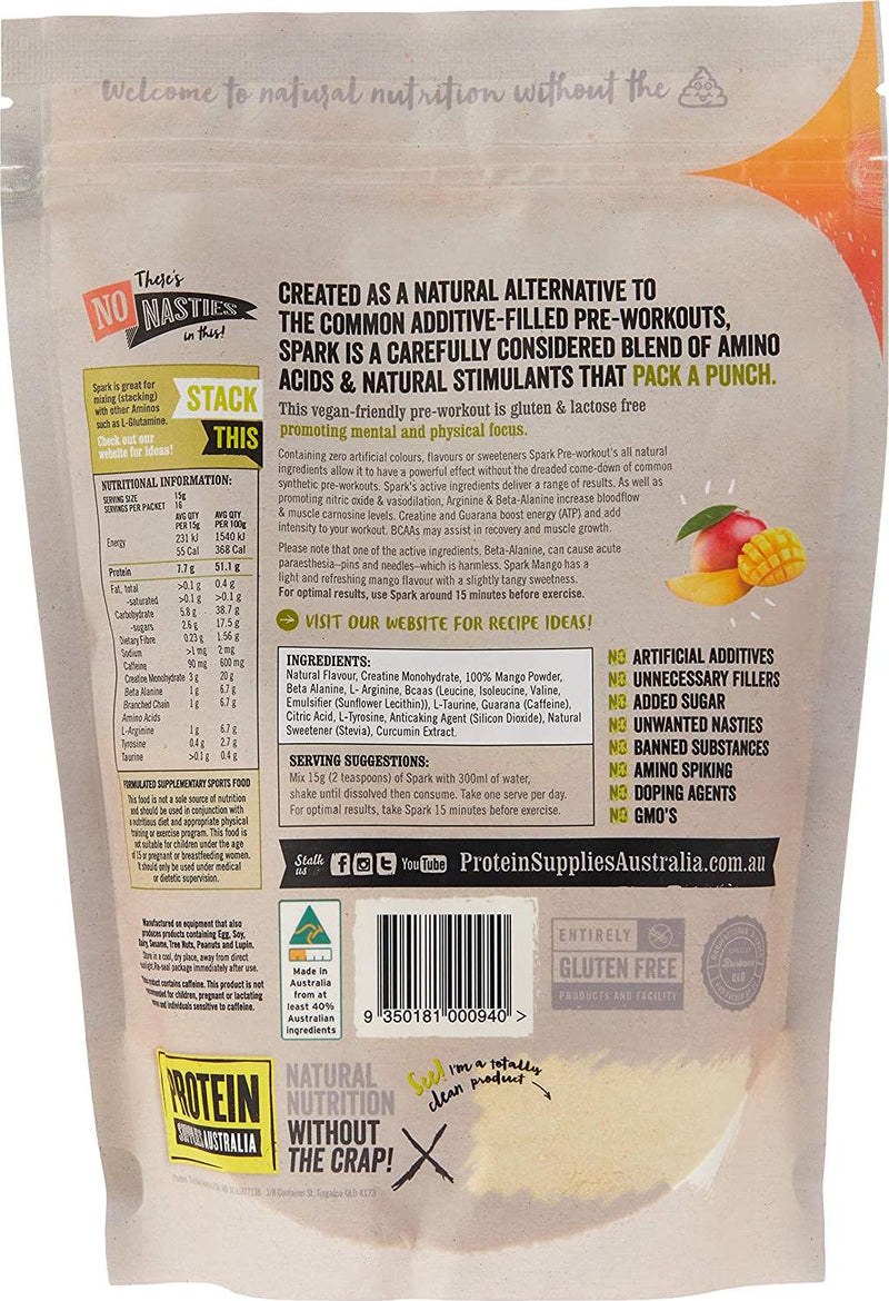 Protein Supplies Australia Spark All Natural Pre-Workout Powder Mango, 250 grams