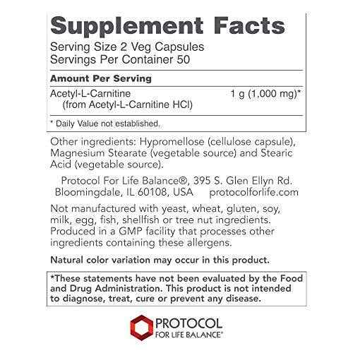 Protocol Acetyl- L-Carnitine 500mg - Energy Supplement, Nerve, and Brain Support - 100 Veg Caps