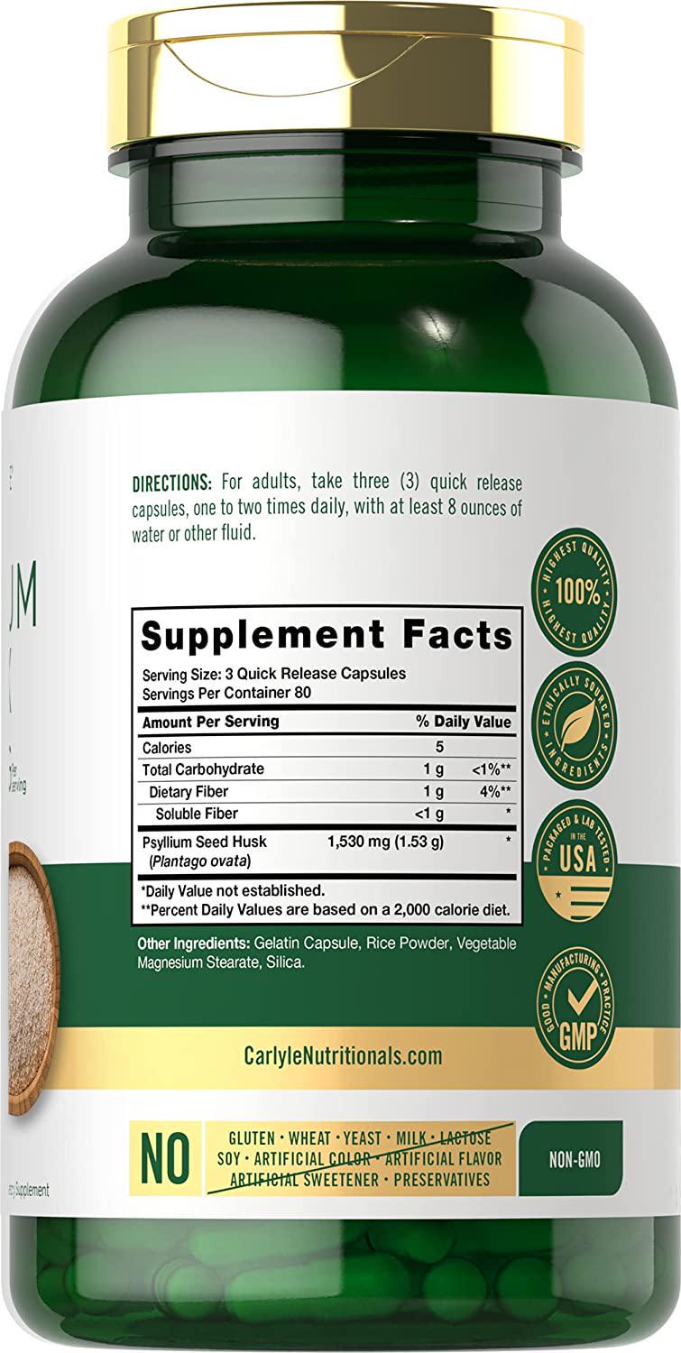Psyllium Husk Capsules | 1530mg | 240 Caps | High Potency Fiber Supplement | Non-GMO, Gluten Free | by Carlyle