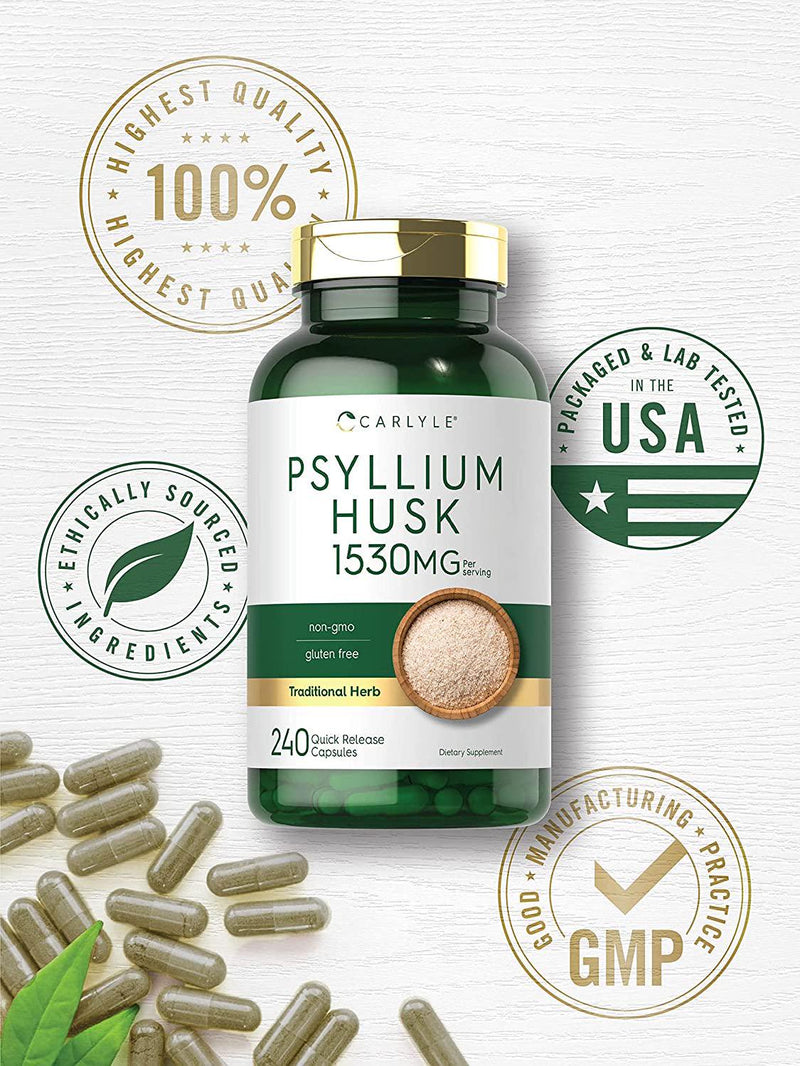 Psyllium Husk Capsules | 1530mg | 240 Caps | High Potency Fiber Supplement | Non-GMO, Gluten Free | by Carlyle