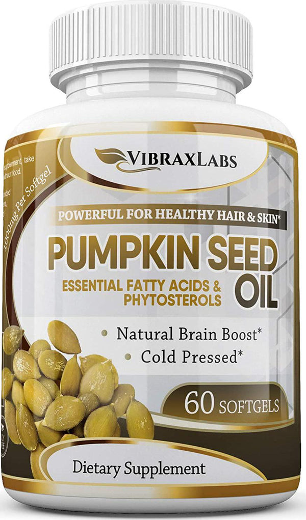 Pumpkin Seed Oil - 100% Cold Pressed Pure 1000mg Extraction - Best for Hair Growth, Younger Looking Skin and Face, Bladder Control Supplement, 60 Softgels