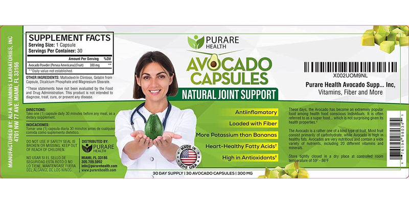 Purare Health Avocado Supplements - 100% Natural Avocado Capsules with Magnesium, Vitamin D, A, C, E, B1, B2, B6, B12, Zinc, Iron, Fiber, and More