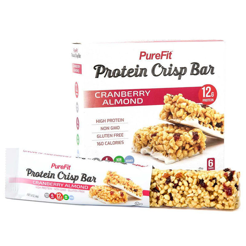 PureFit Protein Crisp Bar, Cranberry Almond, Plant Based, Low Calorie, Gluten Free, Non-GMO, Kosher, Tasty - 12g High Protein Snacks- 1.4oz (6 Count)