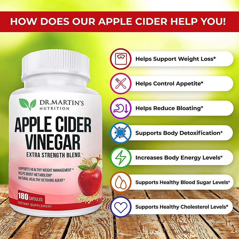 Pure 1950mg Apple Cider Vinegar 180 Capsules Supplement Extra Strength 1950mg. Healthy Weight Loss, Boosts Metabolism, Natural Detox, Pleasant Taste.