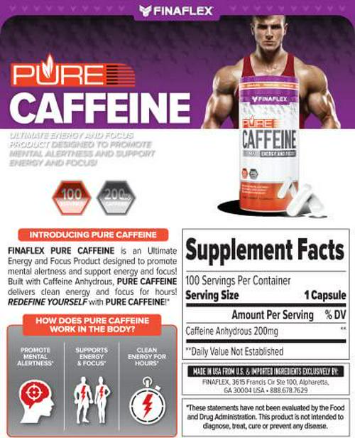 Pure Caffeine Ultimate Energy and Focus 200mg of Caffeine Per Capsule (100 Capsules)