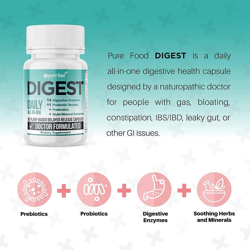 Pure Food Digest | Digestive Enzymes Plus Prebiotics, Probiotics, and Soothing Herbs | Support Gut Health Naturally | Doctor Formulated | 30 Plant-Based Capsules