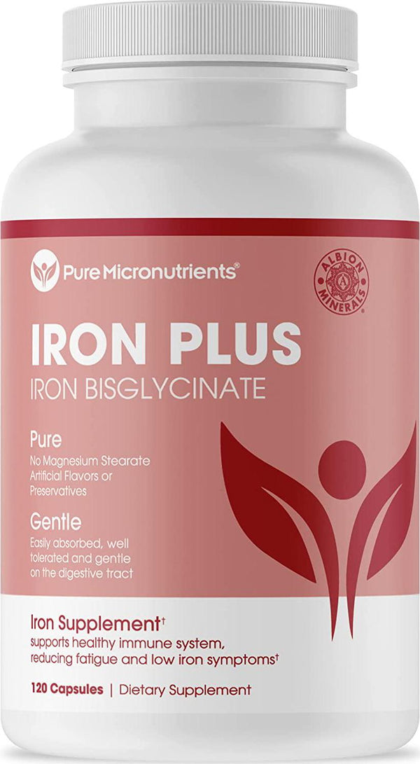 Pure Micronutrients Iron Plus Supplement, Natural Ferrous Chelate, Bisglycinate 25mg + Vitamin C, B6, B12, Folic Acid, 120 Count