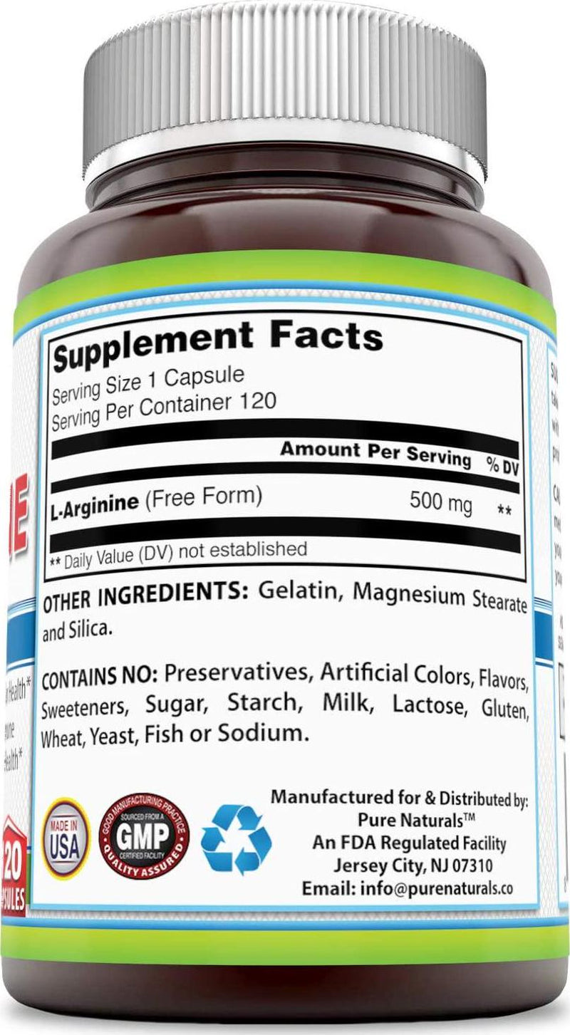 Pure Naturals L-Arginine 500 Mg 120 Capsules, Supports Cardiovascular Health, Supports Healthy Immune Function and Hormone Health, Promotes Healthy Circulation