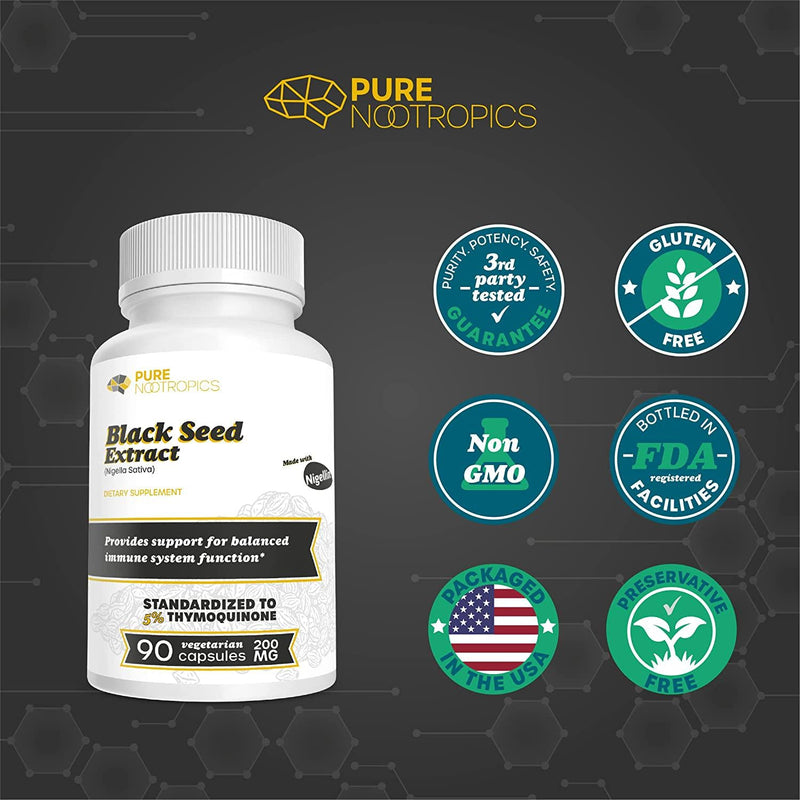 Pure Nootropics - Black Seed Oil Extract (Nigella Sativa) 200mg Capsules | 90 Veg Caps | Made with Nigellin - Standardized to 5% Thymoquinone | Immune System Support, Healthy Cardiovascular System