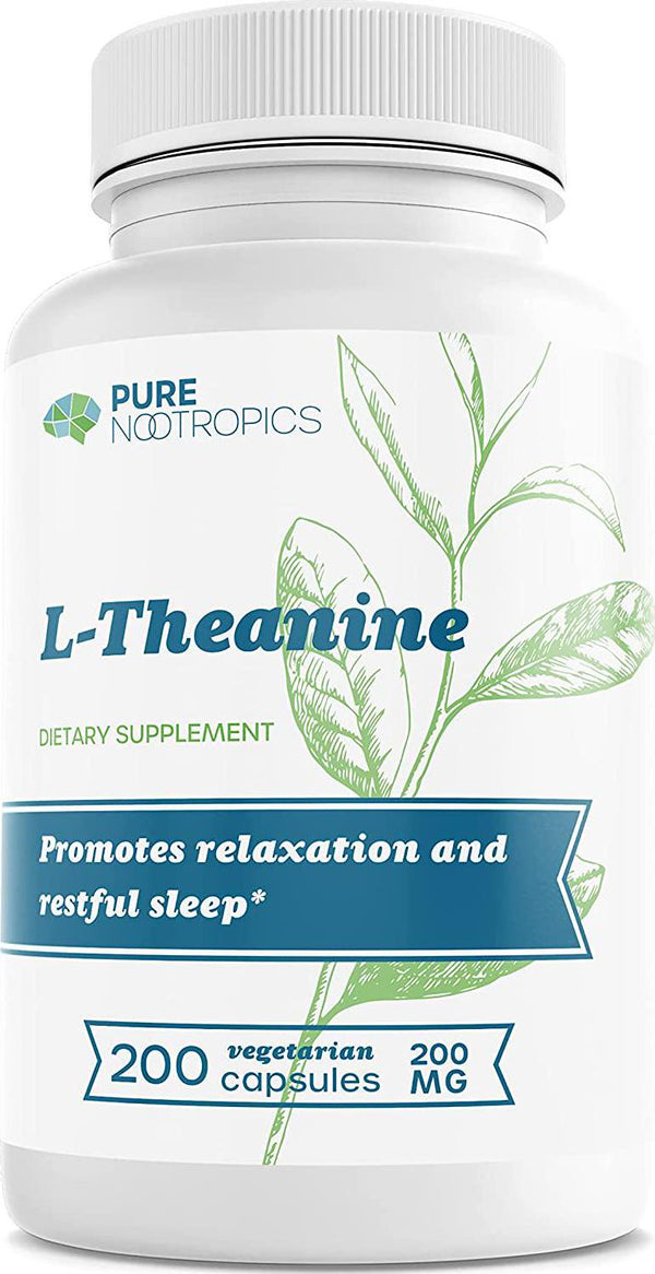 Pure Nootropics - L - Theanine 200 mg Capsules | Bulk 200 Veg Cap Value Pack | Herbal Sleep Aid | Promotes Relaxation | Stress Support