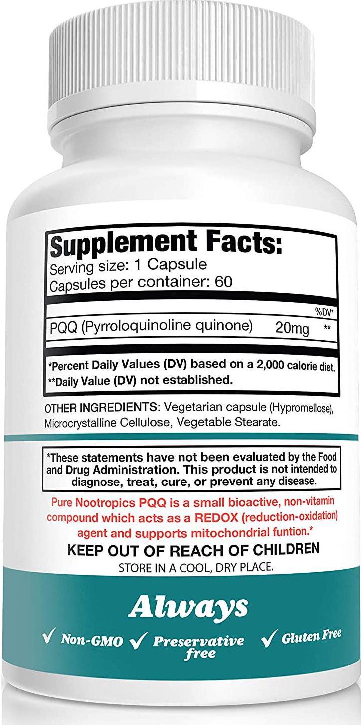 Pure Nootropics -PQQ (Pyrroloquinoline Quinone) 20mg Capsule | 60 Veg Caps Value Pack | Supports Mitochondrial Function and REDOX (Reduction-Oxidation) | May Help with Sleep and Cognitive Function Decline