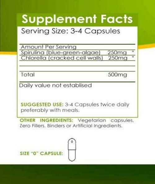 Pure Organic Spirulina and Chlorella Extract Veggie Capsules (500mg) (200-Bottle)