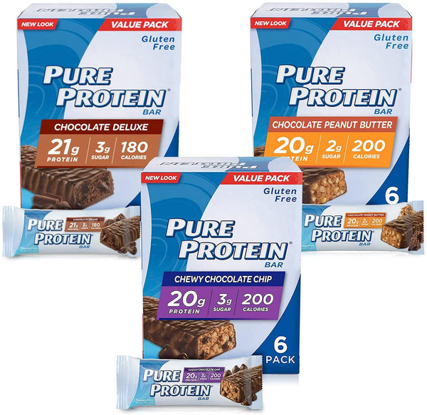 Pure Protein Bar Variety Pack (6 Chocolate Peanut Butter, 6 Chewy Chocolate Chip, 6 Chocolate Deluxe), (18 Count of 1.76 Oz bars) from Pure Protein