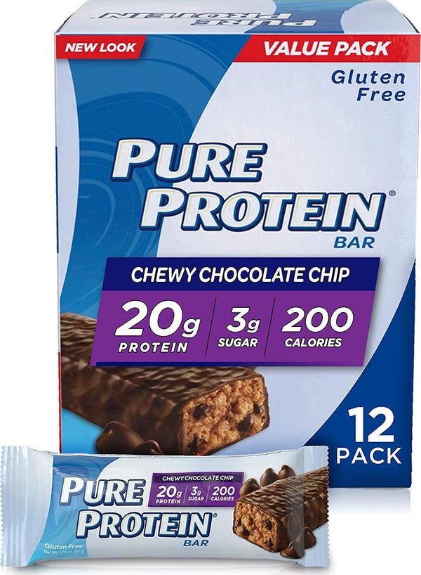 Pure Protein Bars, High Protein, Nutritious Snacks to Support Energy, Low Sugar, Gluten Free, Chewy Chocolate Chip, 1.76oz, 12 Pack