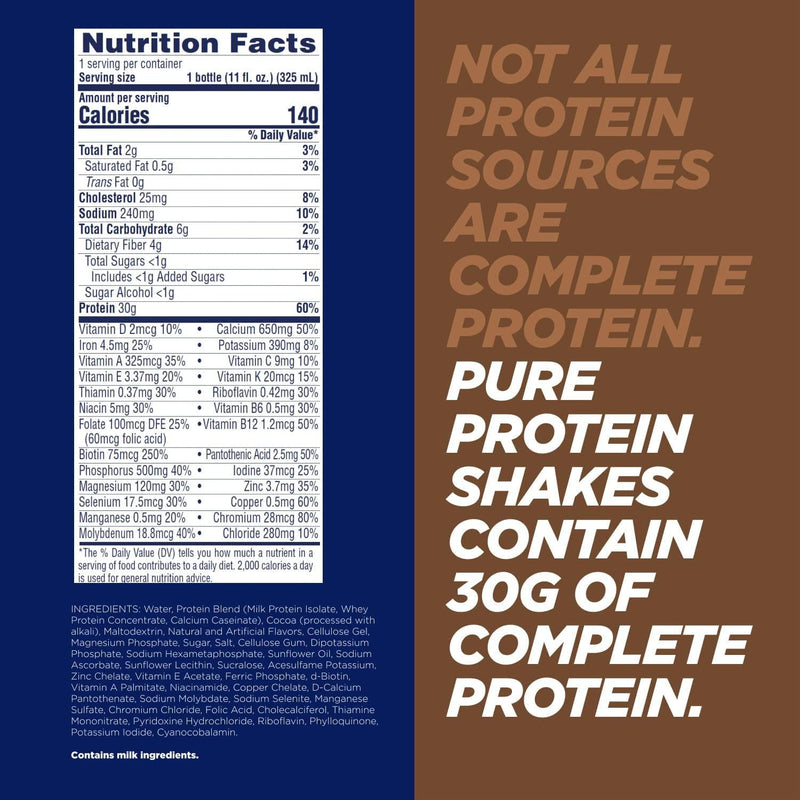 Pure Protein Chocolate Protein Shake, 30g Complete Protein, Ready to Drink and Keto-Friendly, Vitamins A, C, D, and E Plus Zinc to Support Immune Health, 11oz Bottles, (Pack of 12)