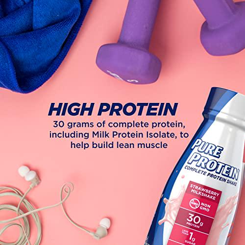 Pure Protein Strawberry Protein Shake, 30g Complete Protein, Ready to Drink and Keto-Friendly, Vitamins A, C, D, and E Plus Zinc to Support Immune Health, 11oz Bottles, (Pack of 12)