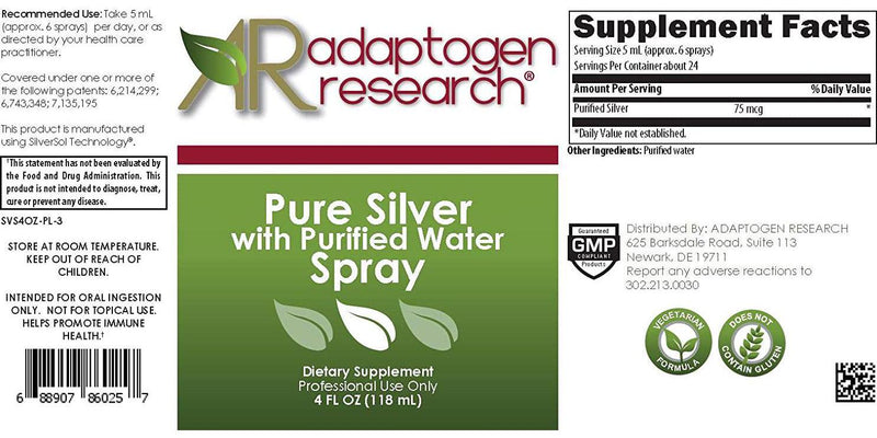 Pure Silver Spray with Purified Water for Immune Support | 24 Serving / 4Fl oz | Adaptogen research